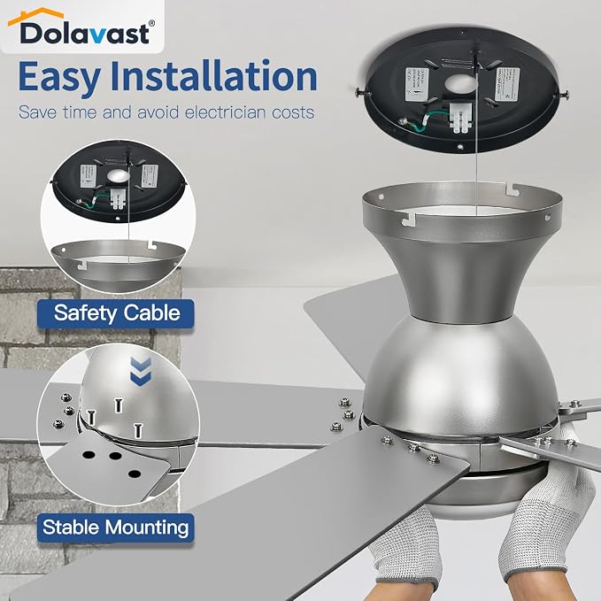 Ceiling Fans with Lights and Remote, 48 Inch Ceiling Fan with Light, Low Profile, Reversible, Dimmable LED, Flush Mount, Quiet, DC Motor, Nickel Ceiling Fan for Bedroom, Kitchen, Dining Room