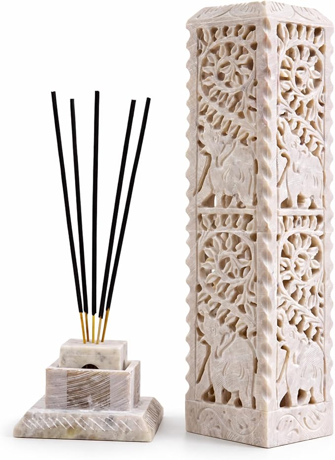 Carry Me Handmade Marble Soapstone Incense Stick Burner | Candle Stick Holder | Tea Light Stand - Perfect Elephant Carving for Gifting. Decorative Home and Kitchen Decor (3 x 3 x 11 Inches)