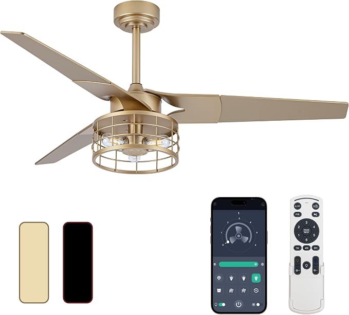 Chandelier Ceiling Fans With Lights And Remote,Caged Ceiling Fan With Light,App 3 Blades E26 Fandelier Ceiling Fans With Lights,Crystal Ceiling Fan For Bedroom,Living Room. (Gold, 52 In'ch)