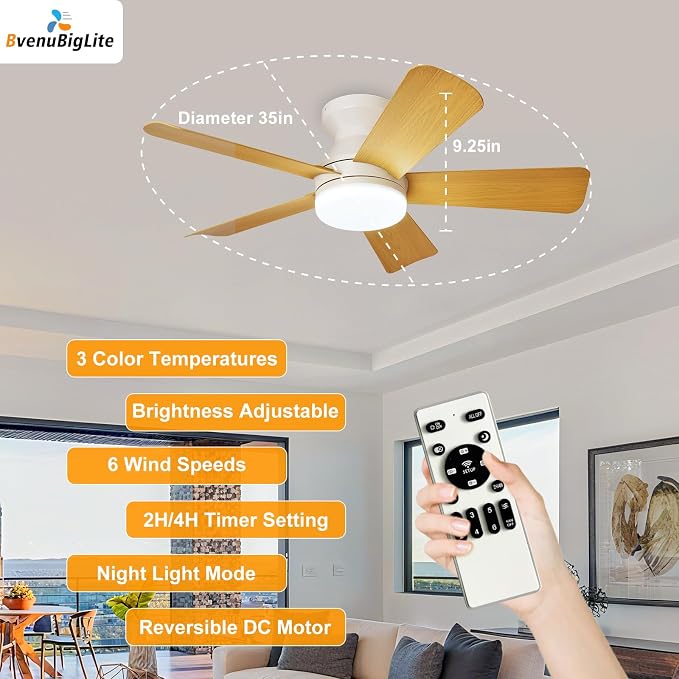 Ceiling fans with lights and Remote: 35 Inch Ceiling Fan with Light Low Profile - Flush Mount Ceiling Fan 5 Blades Reversible 3CCT Dimmable Noiseless for Bedroom (White& Wood Grain)