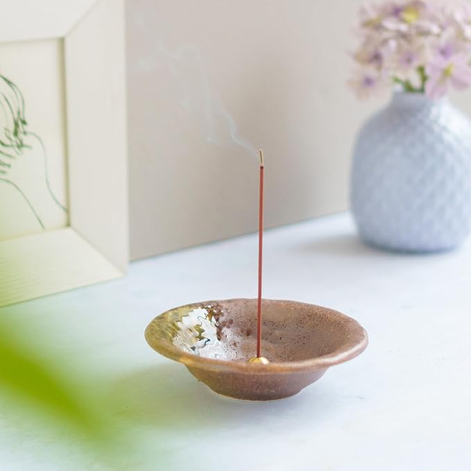 Asayu Japanese Small Incense Holder for Sticks 4.88 inch (124mm), Traditional Made in Japan Ceramic Ash Catcher and Brass Incense Burner Set - Brown