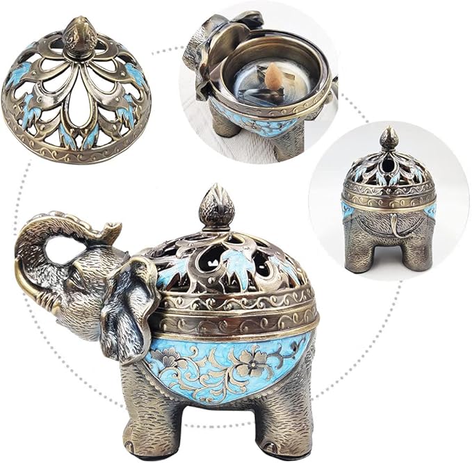 Hourwof Metal Elephant Incense Holder,Vintage Cone Coil Incense Burner with Lid,Ash Catcher,Aromatherapy Ornament Home Office Decor (Light Blue)