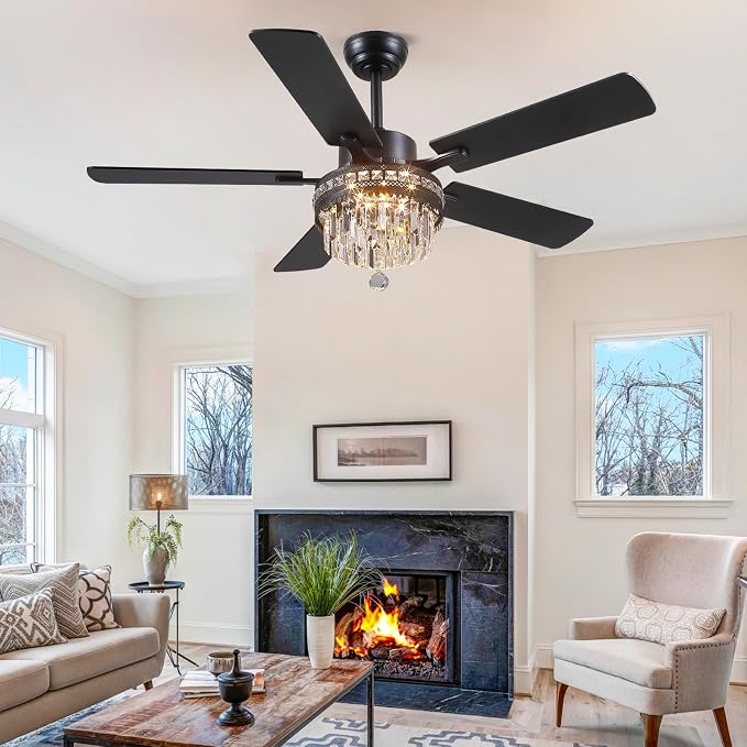52" Chandelier Crystal Ceiling Fans with Lights and Remote/APP Control | Supports Remote and APP,Reversible 6 Wind Speeds,30W Quiet DC Motor,6 Wood Blades,Dimmable 30W LED,Suits for Bedroom Kitchen