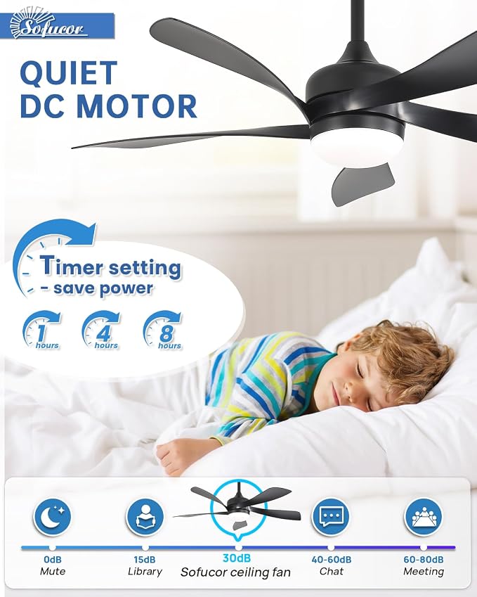 Sofucor 42 Inch Ceiling Fan with Lights and Remote, Indoor/Outdoor Ceiling Fan with Light 6-Speed 3 CCT 3-Timer, Low Profile Black Ceiling Fan 5 Blade Quiet DC Motor for Bedroom Living Room Patio