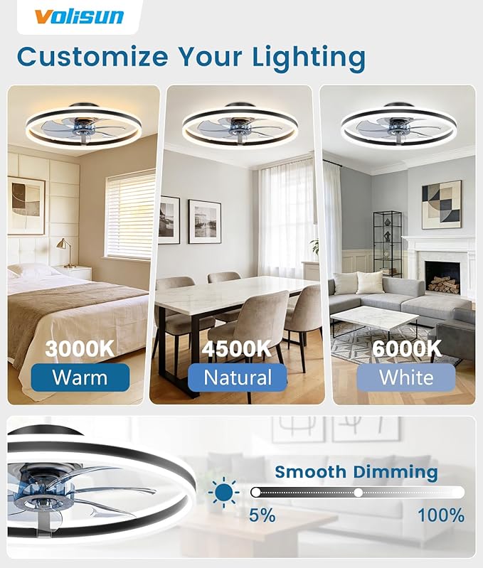 VOLISUN Low Profile Ceiling Fans with Lights and Remote, 24in Flush Mount Ceiling Fans with Light, 3000K-6500K Dimmable Fandelier LED Fan Light, Black Bladeless Ceiling Fans with Lights for Bedroom