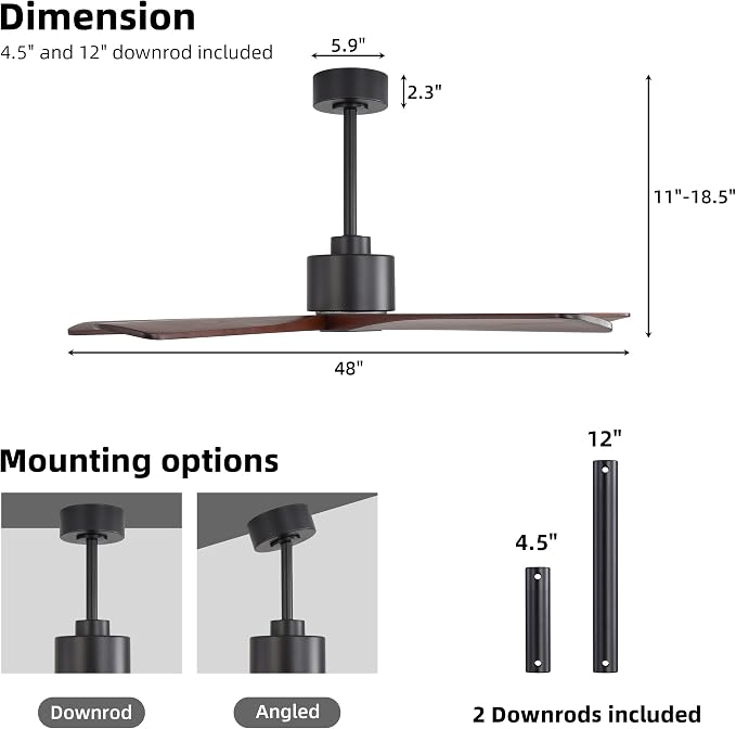 WINGBO 48" DC Ceiling Fan No Light - 5 Carved Solid Wood Blades, 6-Speed Reversible DC Motor, Ceiling Fan without Lights for Living Room Bedroom Kitchen Patio, Indoor and Outdoor, Black and Walnut