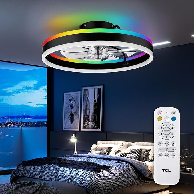 TCL 20'' Flush Mount Ceiling Fan with Lights and Remote, RGB Backlight Dual Lighting Mode, Modern Low Profile Ceiling Fan with Quiet DC Motor, Stylish Lighting for Bedroom, Black