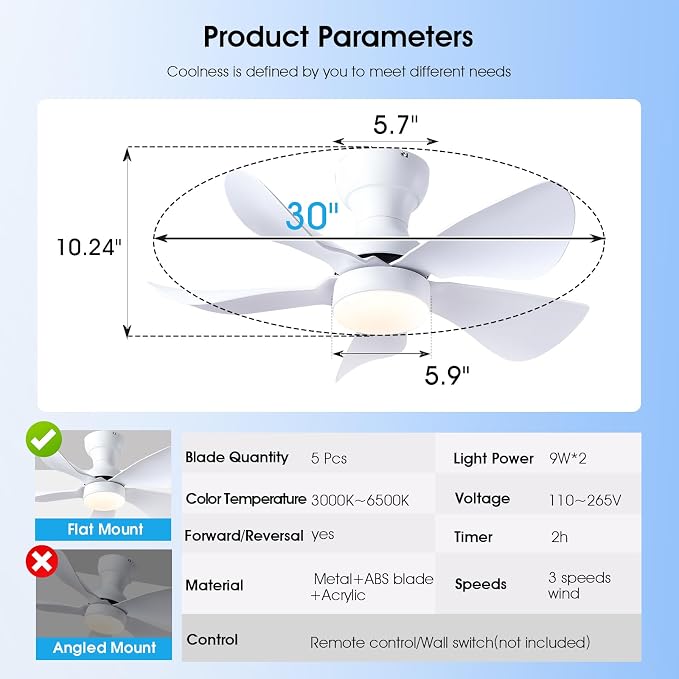 Kviflon 30 Inch Ceiling Fans with Lights and Remote Control, Flush Mount Ceiling Fans with 5 Reversible Curved Blades, 3 Colors Dimmable 6 Speeds Ceiling Fan for Bedroom Kitchen Dining Room, White