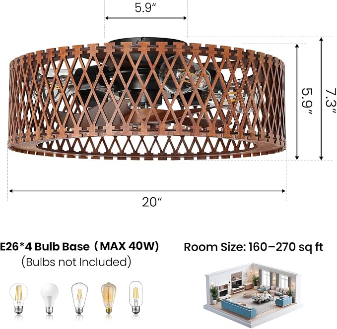 20" Farmhouse Flush Mount Ceiling Fan with Light, Low Profile Wooden Fandelier Ceiling Fan with Remote, 6 Speed Reversible Caged Ceiling Fans with Lights for Bedroom Kitchen Living Room