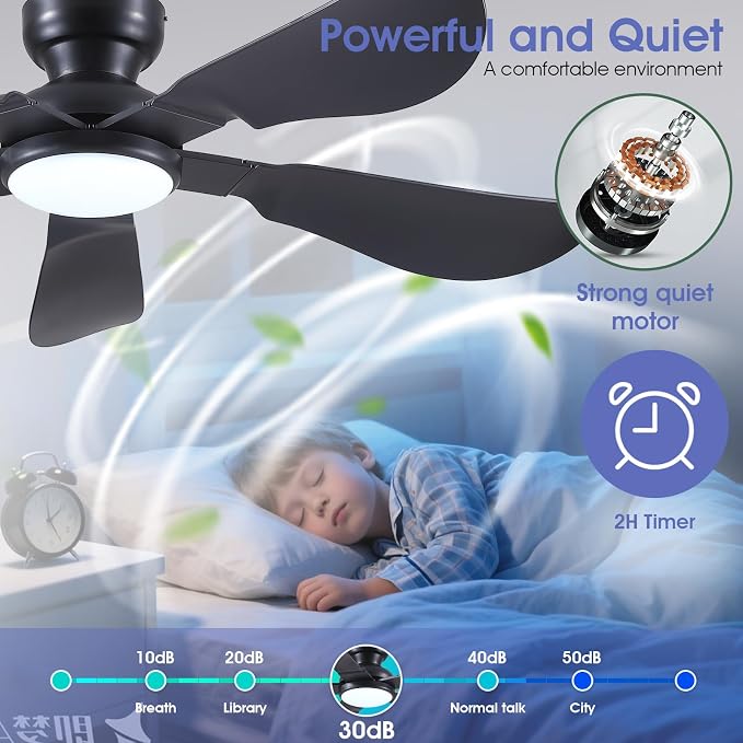 Kviflon 52 Inch Modern Ceiling Fans with Lights, Flush Mount Ceiling Fan with Light and Remote/APP Control, 5 Reversible 6 Speeds Curved Blades, 3 CCT Dimmable Lights for Bedroom, Black