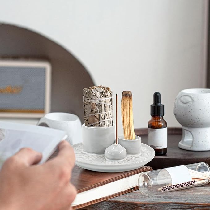 4 in 1 Ceramic Incense Holder, Incense Burner Ash Catcher Palo Santo Sage Holder for Home Decor Meditation Yoga (White)