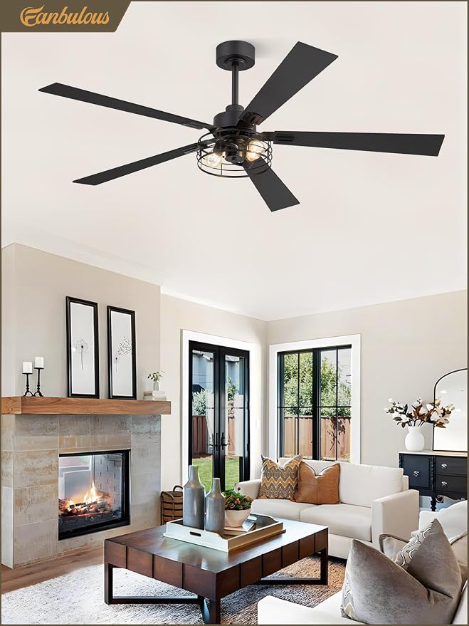 Fanbulous 1 Pack Farmhouse 60 Inch Ceiling Fans with Lights, Black Industrial Caged Ceiling Fans for Bedroom Living Room, Double-Sided 5 Blades Rustic Ceiling Fan-Black