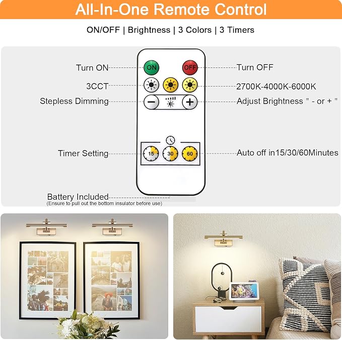 Tassuowell Rechargeable Picture Light with Remote Control,12 Inch Brass Finish Adjustable Wireless Art Lighting Fixture,Painting Lights with Timer,3 Color Temperature and Dimmable
