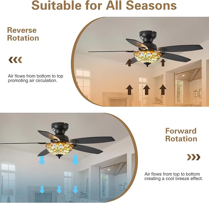 Tiffany Ceiling Fans with Lights - 48" Ceiling Fan Chandelier with 5 Dual-Blades and Glass Shade, 6 Speeds and Reversible, Indoor and Outdoor, Retro Style