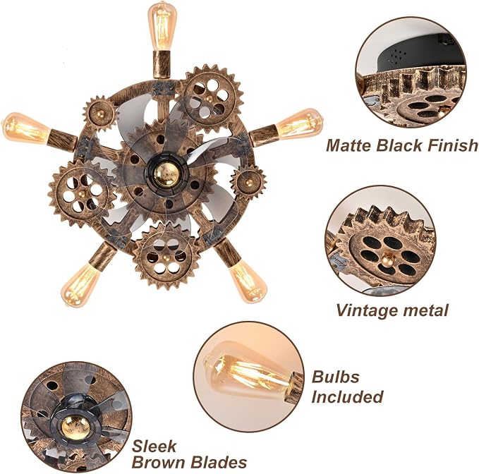 20" Retro Industrial Steampunk Ceiling Fans with Lights and Remote,Low Profile Flush Mount Bladeless Ceiling Fan with Light,Nautical Style 6 Speeds for Bedroom Kitchen Island Bar Cafe