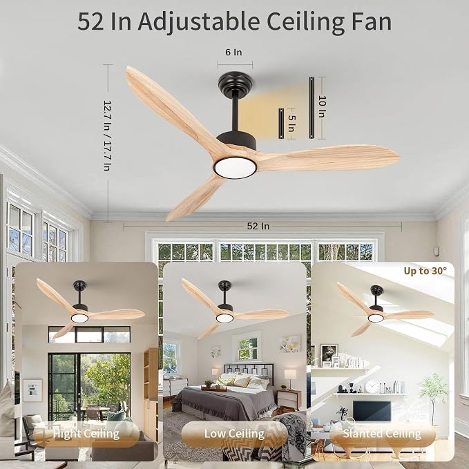Wood Ceiling Fan with Lights,52Inch Ceiling Fans with Remote Control,Dimmable Light,3 CCT,6 Speeds,Noiseless DC Motor,2 downrod,Ceiling Fan for Bedroom,Living Room,Indoor