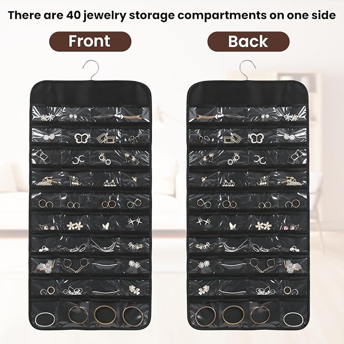 Black Hanging Jewelry Organizer, 80 Pockets Double-Sided, Wall Door Closet Storage for Earrings Necklaces Rings