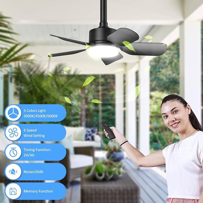 Small Ceiling Fan with Light & Remote, 20" 30W 2000 Lumens 3 Colors 3000K-6500K 6-Speed Outdoor Fans for Patios,Gazebos and Canopy, Portable Plug in Ceiling Fan Light for Garages, Camping, RV, Tents.