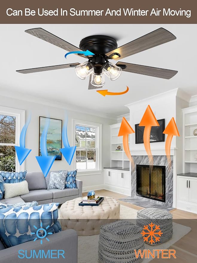 52 Inch Flush Mount Farmhouse Ceiling Fan with Lights and Remote | Rustic Fandelier Ceiling Fan, Low Profile Chandelier, 5 Dual Blade, for Bedroom Living Room, Reversible DC Motor 6 Speeds