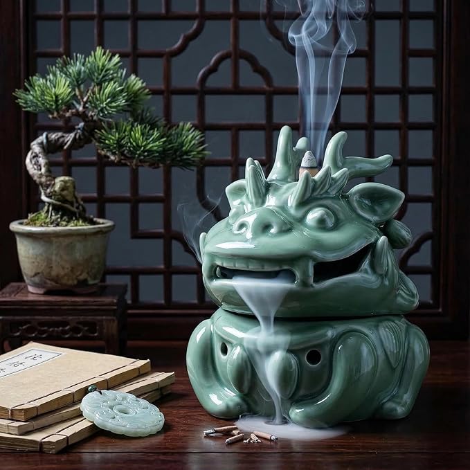 Mini Ceramic Incense Burner - Chinese Classic Plum Green Celadon Glaze, Fragrance Cone & Stick Holder Palo Santo/Sage/Herb Burner for Meditation, Yoga, Desk Decor, Zen Relaxation Gift (Dragon-A)