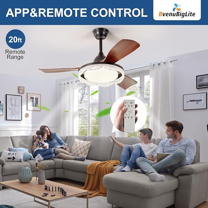 Ceiling Fans with Lights and Remote: 42-Inch Ceiling Fan 3 Blades Round Crystal Low Profile Outdoor - Walnut Ceiling Fans with Remote Control Quiet Reversible DC Motor for Living Room