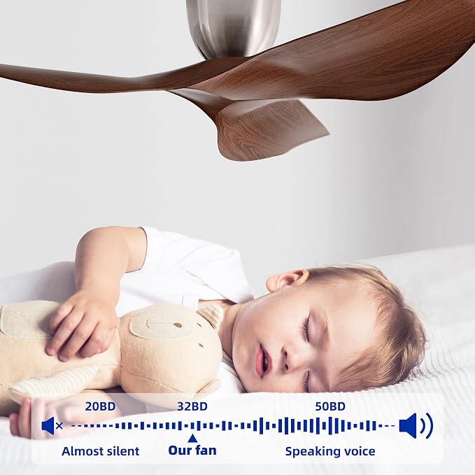 52" Walnut Finish Flush Mount Ceiling Fan with Remote, No Light | Modern Low-Profile, Heat Resistant ABS Blades, 6-Speed Reversible Quiet DC Motor for Balcony, Living Room, Bedroom