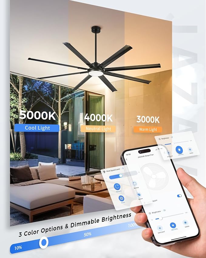 84 Inch Industrial Ceiling Fan with Light, Large Ceiling Fan with 8 Aluminum Blades, Works with Alexa, 6-Speed Reversible DC Motor, 3 CCT Settings, Ideal for Covered Outdoor Spaces, CF04BK-84