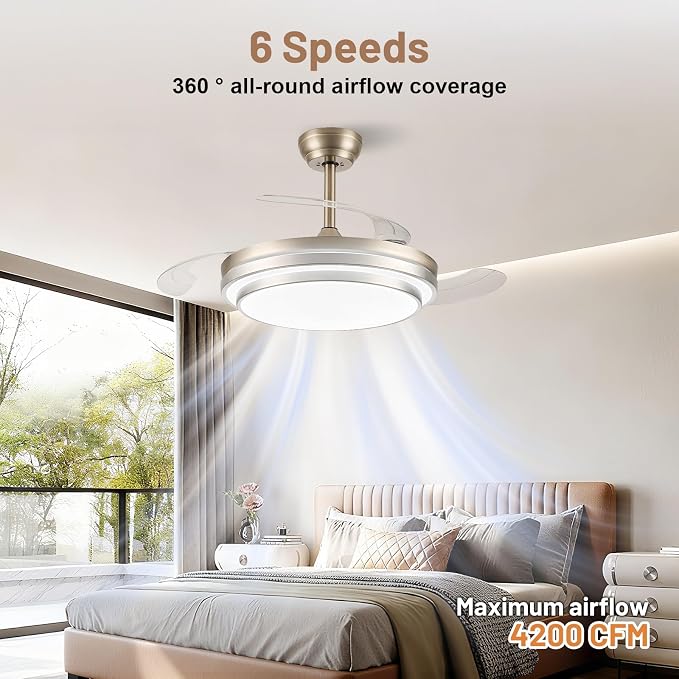 48 Inch Fandelier Ceiling Fan with Light,Modern Retractable Ceiling Fan with Lights and Remote/APP;6Speed,Silent Reversible Motor,Timer,Chandelier Fan for Bedroom/Living Room(Brushed Nickel)