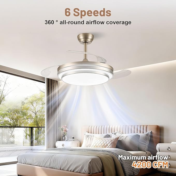 42 Inch Fandelier Ceiling fan with Light and APP/Remote,Dimmable Retractable Ceiling Fan with Lights,6-Speed,Reversible Motor,Noiseless,Modern Ceiling Fans for Bedroom/Living Room(Brush Nickel)