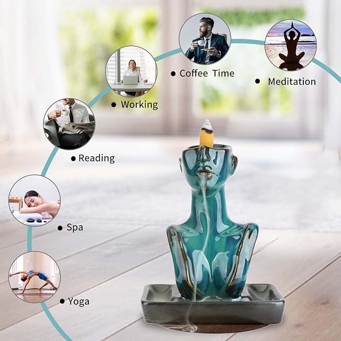 YYW Statue Backflow Incense Holder Incense Burner Waterfall Aromatherapy Ornament Home Decor with Incense Cones and Incense Stick (Blue)