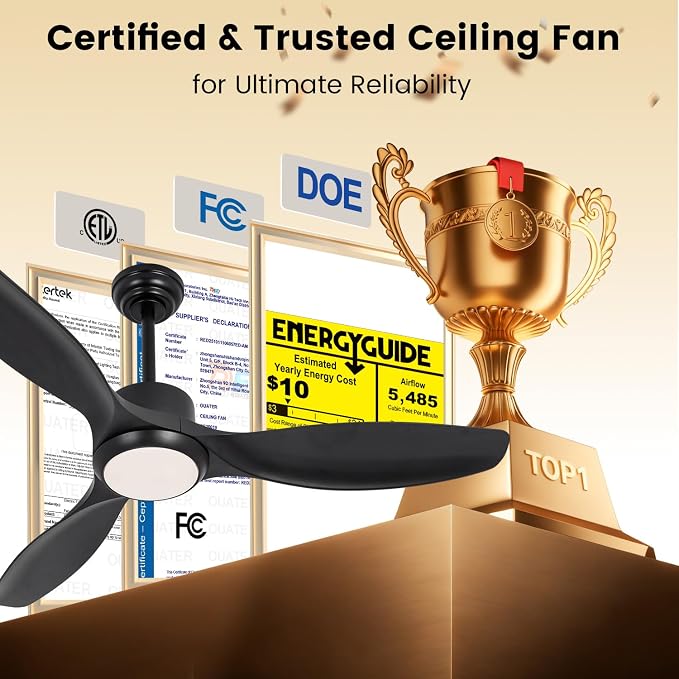 52" Ceiling Fans with Lights and Remote, Black Ceiling Fan with 3 Color Dimmable LED Light, 6 Speed, DC Motor, for Bedroom/Living room/Outdoor, Black