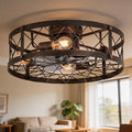 20" Farmhouse Flush Mount Caged Ceiling Fan with Lights and Remote, Rustic Low Profile Fandelier, Quiet 6 Speeds Reversible Enclosed Bladeless Small Ceiling Fans for Bedroom Living Room Kitchen