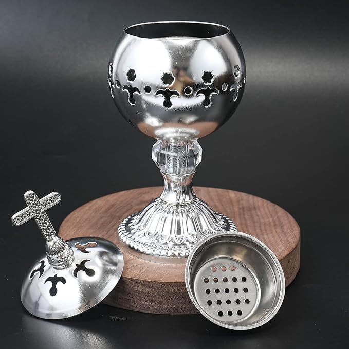 Nazareth Store Silver Charcoal Incense Burner Catholic Cross Censer Brass Plated Distiller for Church and Home