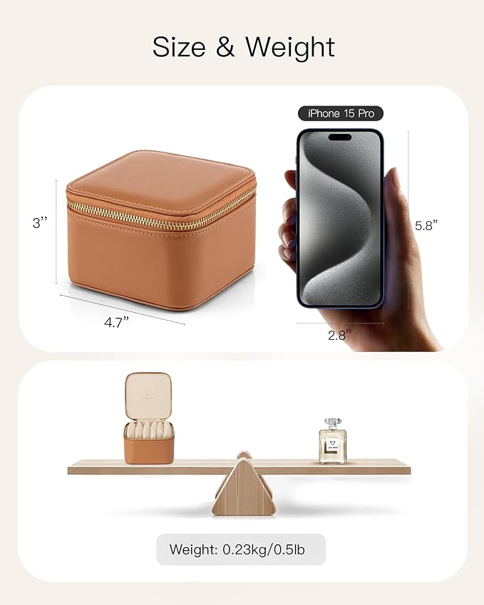 VLANDO Travel Jewelry Case,Valentines Gifts,Small Jewelry Box Organizer,Travel Jewelry Storage with 6 Velvet Jewelry Zipper Pockets, Birthday Gifts for Women Girls (Brown)
