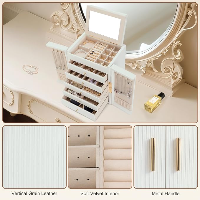 Dajasan Large Jewelry Organizer Box, 6-Tier Jewelry Storage Case with 5 Drawers, Jewelry Boxes for Women Girls with Mirror, Double Door, Textured PU Leather, Gift Idea, Stylish (White + Gold)