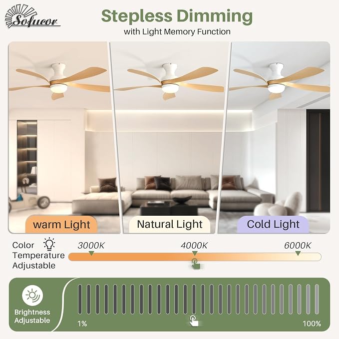Sofucor Smart 52'' Low Profile Ceiling Fan with Lights and Remote, Flush Mount Ceiling Fan Work with APP/Alexa/Google for Modern Bedroom Living Room Patio, Dimmable LED Quiet Reversible DC Motor