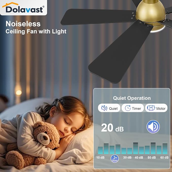 Ceiling Fans with Lights, 42 Inch Low Profile Ceiling Fan with Light and Remote Control, Flush Mount, Reversible, 3CCT, Dimmable LED, Quiet, Gold Ceiling Fan for Bedroom, Kitchen