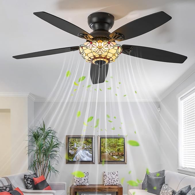 Tiffany Ceiling Fans with Lights - 52" Ceiling Fan Chandelier with 5 Dual-Blades and Glass Shade, 6 Speeds and Reversible, Indoor and Outdoor, Retro Style