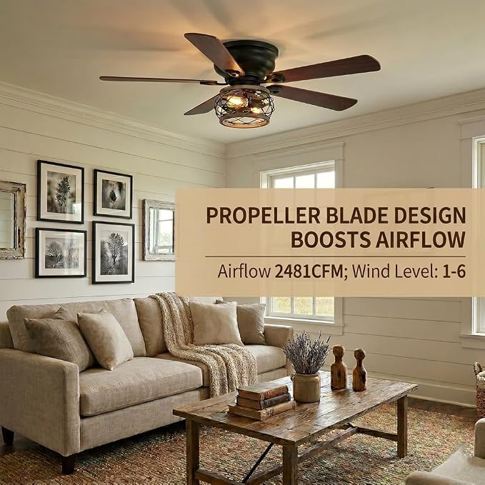 48 Inch Farmhouse Ceiling Fan with Light, Industrial Flush Mount Ceiling Fan with Remote Control, Low Profile Ceiling Fan for Bedroom Living Room, Timer, Black Caged Ceiling Fan for Indoor and Outdoor