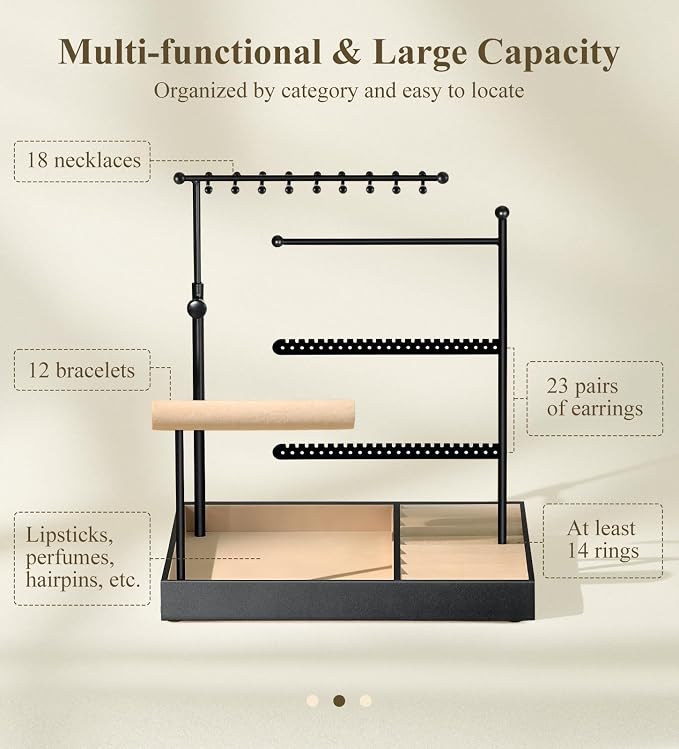 Emibele Jewelry Necklace Holder, 5 Tier Jewelry Organizers and Storage | Earring Bracelet Holder, Jewelry Display with Metal Frame Velvet Ring Tray, Aesthetic Jewelry Stand Gifts for Women, Black