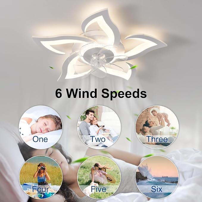 26" Geometric Ceiling Fan with Light Remote Control, 6 Speeds 3 Colors, White Low Profile Flush Mount Ceiling Light for Kitchen Bedroom Living Room