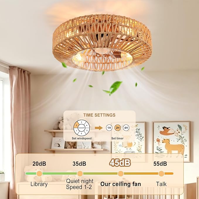 Depuley Boho Ceiling Fan with Light: 20 Inch Textured Rope Flush Mount Fandelier with Remote and Timer Control - Walnut Caged Ceiling Fan with 6 Speeds - Indoor Quiet Fan for Bedroom and Living Room