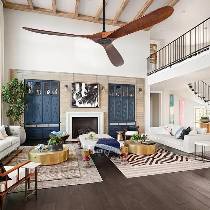 72 Inch Solid Wood Walnut Ceiling Fans No Lights Remote Control, Large Big Outdoor Real Wood Ceiling Fans Without Lights 3 Blades Craftmade Quiet for Patio Farmhouse Living Room Office