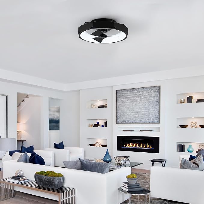 Low Profile Black Ceiling Fans with Lights and Remote - 20" Flush Mount Ceiling Fan Bedroom, 3000-6000K Dimmable Fandelier LED Fan Light, 6 Wind Speeds, Modern Black Fandelier