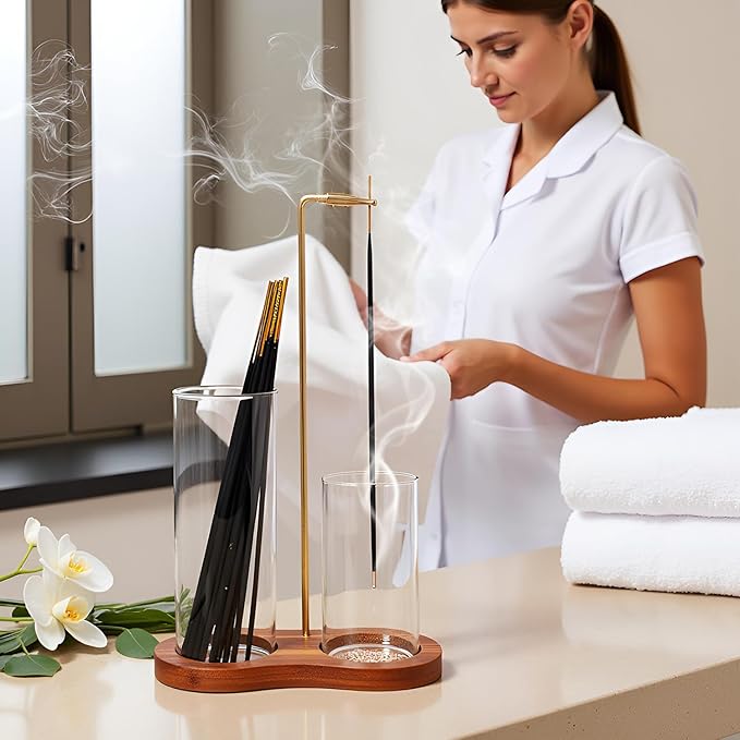 2 in 1 Incense Holder, Glass Incense Holder for Sticks, Anti-Ash Incense Burner with Removable Ash Catcher and Incense Storage for Yoga Meditation Spa Home Decor (Size A)