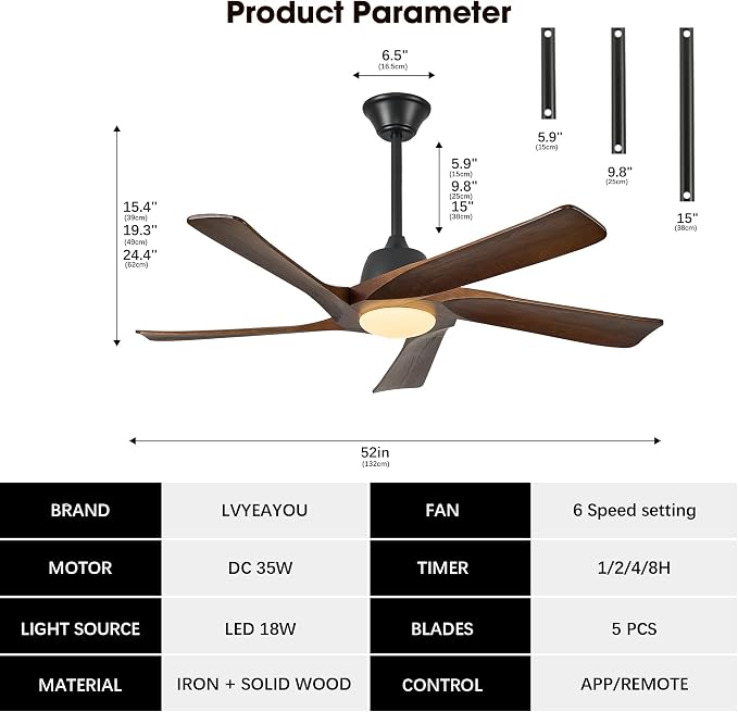 52" DC Ceiling Fan with Light, 5 Solid Wood Blades, Remote and APP Control, 3-color Dimmable, 6-speed Reversible, Quiet Ceiling Fan for Bedroom, Living Room, Dark Walnut