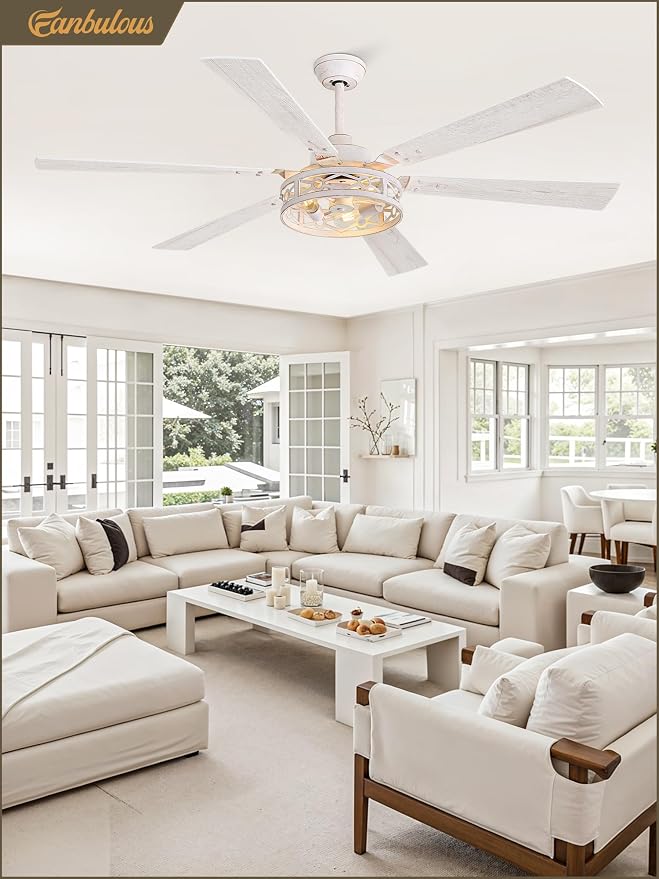 Fanbulous 65 Inch Ceiling Fan with Lights, Farmhouse Caged Ceiling Fans with Remote, White Industrial Ceiling Fans with Quiet Reversible DC Motor, Large Ceiling Fan for Living Room, Bedroom
