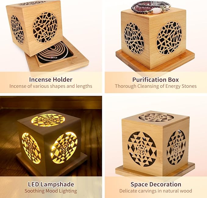 Bamboo Lantern Incense Holder 5-in-1 Incense Burner with Solar LED Candle Natural Bamboo Incense Box for Stick Cone Coil Sage Waterproof Outdoor Lantern for Yoga Meditation Home Decor