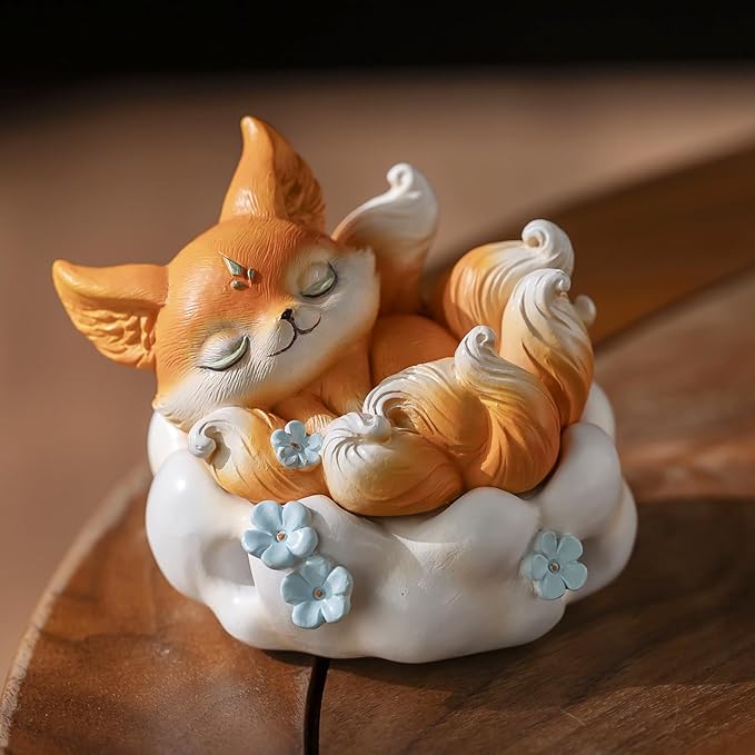 Cute Nine-Tailed Fox Decorative Incense Holder, Resin Sleeping Fox Figurine Cone Coil Incense Burner with Lid, Ash Catcher for Yoga Meditation Spa Home Office Aromatherapy Decor (Orange)