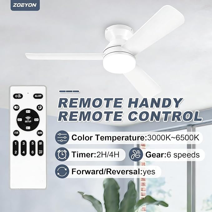 Ceiling Fans with Lights - 42 Inch Low Profile Ceiling Fan with Light and Remote Control, Reversible, 3CCT Dimmable, Noiseless, White Small Flush Mount Ceiling Fan for Bedroom Indoor/Outdoor